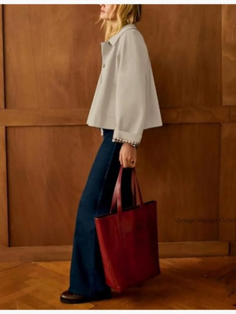 Women's Oversized Trench Coat Casual Jacket with Plaid Lining Pockets - Picture 4 of 7